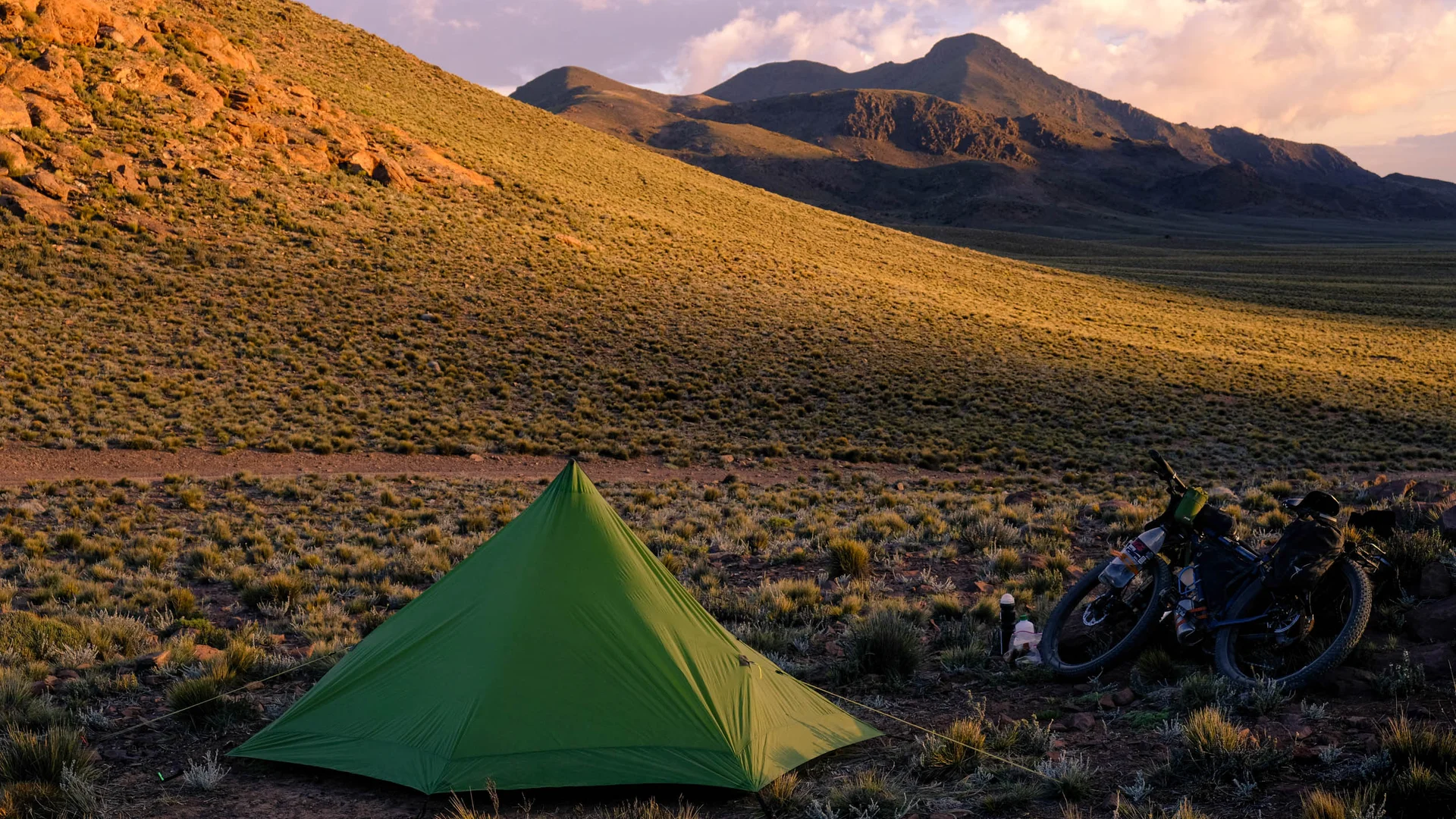 Off-grid shelter in Argentina wilderness at sunset
