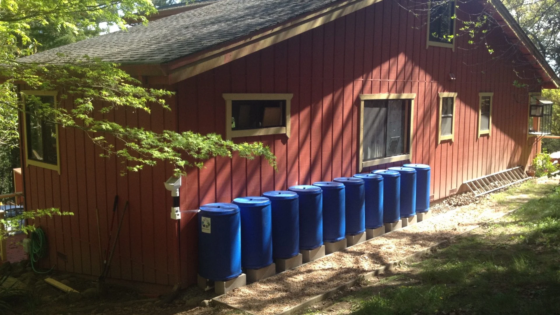 Rainwater collection system at cabin in Argentina